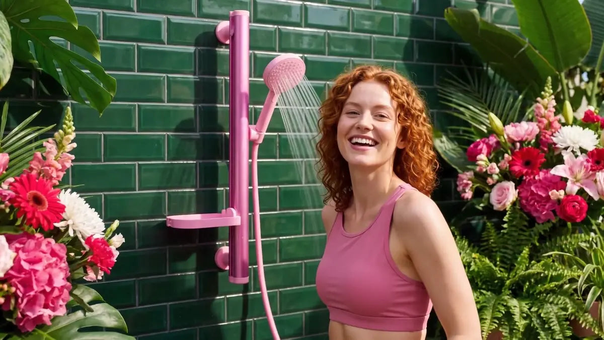 Salle de bain provençale ensoleillée avec le kit de douche Showrz rose